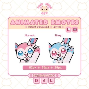 May include: A digital graphic featuring animated emotes labeled Normal and Shiny, depicting a pink and blue creature waving. The text reads PomNekoArt, ANIMATED EMOTES, Instant Download, .gif file, 112px, 56px, 28px, and includes Twitch, Discord, and TikTok icons.