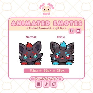 Puede incluir: Un gráfico rosa con dos emoticonos animados de una criatura felina negra y roja, etiquetados como "Normal" y "Shiny". El texto "ANIMATED EMOTES" y "Instant Download .gif file" se muestran encima de las imágenes. La imagen también incluye el nombre del artista e iconos de redes sociales.