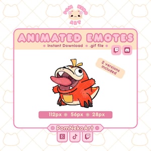 Puede incluir: Gráfico de arte digital con un personaje animado rojo con forma de cocodrilo con la lengua fuera. La imagen está etiquetada como "ANIMATED EMOTES" e incluye el texto "Instant Download .gif file". El gráfico está en un marco rosa.