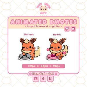 May include: A pink graphic with the text "ANIMATED EMOTES" and two cartoon characters. One character is on a grey circle, the other on a pink heart. The graphic includes the text "Instant Download .gif file".