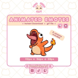 May include: A digital art graphic featuring an orange animated character with a long pink tongue and a flame on its tail. The image is labelled "ANIMATED EMOTES" and includes the text "Instant Download .gif file". The image is 112px x 56px x 28px.