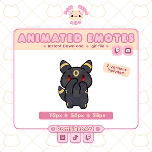Pode incluir: Um emote digital animado apresentando uma criatura preta com marcas amarelas nas orelhas, um anel amarelo na testa e olhos vermelhos, cobrindo a boca com as patas. O texto diz ANIMATED EMOTES, 2 versions included, 112px 56px 28px e PomNekoArt.