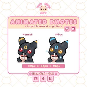 May include: Digital animated emotes featuring a black creature with large eyes drinking from a cup with a straw. The design includes a normal version with yellow accents and a shiny version with blue accents, labeled with sizes 112px, 56px, and 28px.