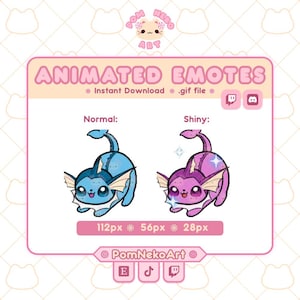 May include: A pink-framed graphic featuring two animated emotes: a blue and a purple creature. The text reads "ANIMATED EMOTES" and "Instant Download .gif file." The image includes the PomNekoArt logo and social media icons.