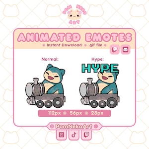 May include: Digital animated emotes featuring a blue and cream-colored creature riding a grey steam train. The graphic includes two versions labeled Normal and Hype, with the text HYPE appearing in a pixelated font above the creature in the second version.