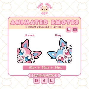 以下が含まれることがあります： 「ANIMATED EMOTES」と「Instant Download .gif file」の文字が入ったピンクと白のグラフィック。ピンクと青の2人の漫画のキャラクターが描かれており、「Normal」と「Shiny」の文字が添えられています。グラフィックにはソーシャルメディアのアイコンとアーティスト名も含まれています。