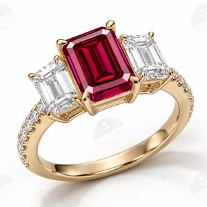 May include: A gold ring featuring a large emerald-cut red gemstone at the center, flanked by two smaller emerald-cut clear white gemstones. The band is crafted from polished yellow gold and is accented with small round diamonds along the sides.