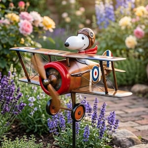 Molino de viento biplano Flying Ace Dog - Molinillo de viento metálico para jardín, arte cinético original para patio, decoración única para exteriores, patio y terraza.