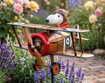 Flying Ace Dog Doppeldecker-Windmühle - Metall Garten Windspiel, wunderliche kinetische Yard Art, einzigartiges Rasendekor für Terrasse und Hof
