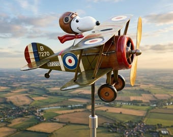 Flying Ace Dog Doppeldecker-Metallwindmühle: Eine wunderliche kinetische Skulptur für kreatives Garten- und Terrassendekor im Freien