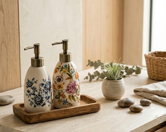 Vintage Floral Ceramic Soap Dispenser | 300ml Retro Refillable Lotion Bottle | Elegant Bathroom Decor | Luxury Hand Sanitizer Pump Bottle