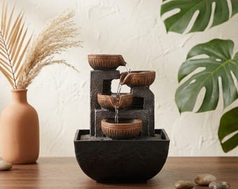 Waterfontein op tafel, 4-laagse zen-waterval voor binnen voor bureau en interieur, steengrijze hars