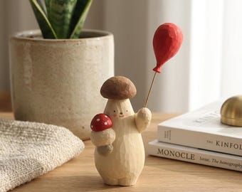 Handgefertigte Holzfigur - Organische, moderne, holzgeschnitzte Statue, einzigartiges Wohndekor, niedliches Pilzgeschenk, kreative handwerkliche Dekoration
