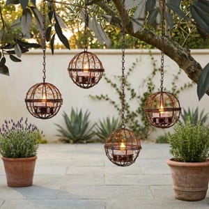 Könnte beinhalten: Vier kugelförmige Hängelaternen mit brennenden Kerzen. Die Laternen haben ein rostbraunes Metallkäfigdesign und sind an Ketten aufgehängt. Die Laternen hängen an einem Ast. Topfpflanzen befinden sich im Vordergrund.