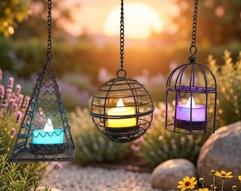 Modernes Draht hängendes Laternen-Set - Dekorative Teelichthalter für drinnen & draußen Gartenambiente - 3 minimalistisch-geometrische Stile