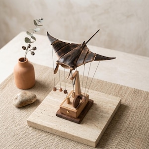 Handcrafted Wooden Manta Ray Kinetic Sculpture - Walnut Finish Automata - Moving Ocean Art Desk Decor - Custom Engraved Marine Life Gift
