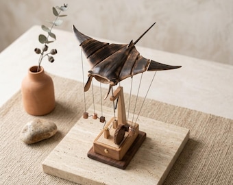 Handgefertigte kinetische Skulptur aus Holz, Mantarochen, Nussbaum-Finish, Schreibtischdekoration, Holzskulptur