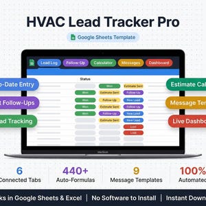 Può includere: Schermata di un modello Google Sheets "HVAC Lead Tracker Pro" su un laptop. L'interfaccia include schede per Lead Log, Follow-up, Calcolatrice, Messaggi e Dashboard. Le funzionalità includono Auto-Date Entry, Smart Follow-Ups e Lead Tracking.