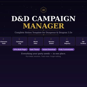 Könnte beinhalten: Eine digitale Grafik für eine D&D Campaign Manager Notion-Vorlage. Das Design zeigt einen dunkelvioletten Hintergrund mit weißen Sternen und goldenen Akzenten. Der Text enthält "D&D CAMPAIGN MANAGER" und verschiedene Funktionen wie "Character Vault" und "Instant Download."