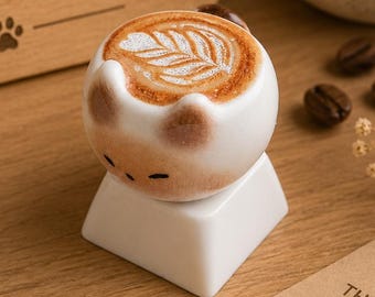 Copritasto con gatto e tazza di caffè – Simpatico copritasto artigianale con latte art per tastiera meccanica / Copritasto con gatto e tazza di caffè Kawaii / Compatibile con switch MX
