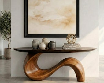 Handmade Curved Solid Wood Console Table, Sculptural Base Entryway Table