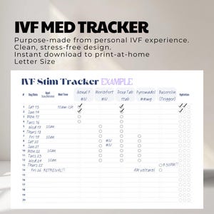 May include: A white IVF Med Tracker printable with the title "IVF MED TRACKER" in black. The tracker includes sections for medication, appointments, and hydration. The text "IVF Stim Tracker EXAMPLE" is also visible.