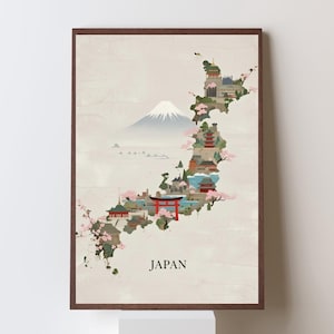 May include: A framed print featuring a stylized map of Japan, showcasing iconic landmarks and Mount Fuji. The map is filled with illustrations of temples, pagodas, and cherry blossoms, with the word "JAPAN" below. The frame is a dark brown color.