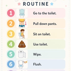 May include: A colorful poster titled "TOILET ROUTINE" with seven illustrated steps. The steps include going to the toilet, pulling down pants, sitting, using the toilet, wiping, flushing, and washing hands. The website address www.neurovillage.co.uk is at the bottom.