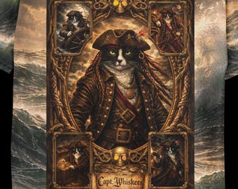 Maglietta del gatto pirata: Capitan Baffi con stampa integrale a onde oceaniche