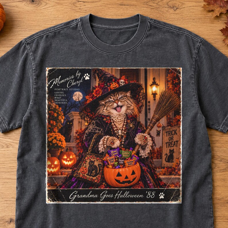 May include: A charcoal gray t-shirt featuring a graphic of a cat dressed as a witch, holding a broom and a pumpkin bucket filled with candy. The text reads "Memories by Cheryl," "Portrait Studio," "Loving Families Make Beautiful Memories," and "Grandma Goes Halloween '88."