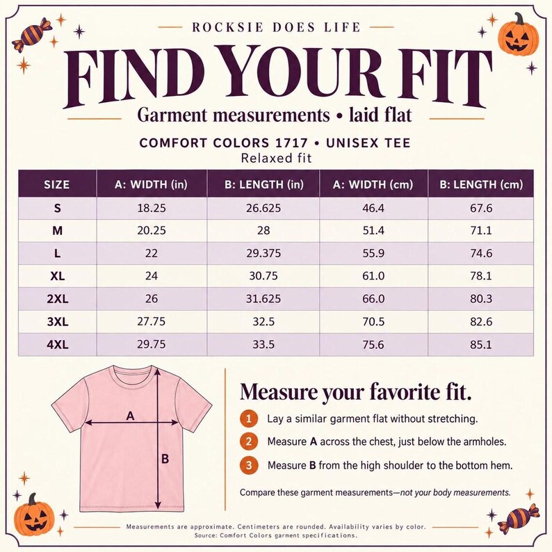 May include: A size chart for a Comfort Colors 1717 unisex tee titled Find Your Fit. It displays a table with width and length measurements in inches and centimetres for sizes S through 4XL, alongside a diagram of a pink t-shirt with A and B labels.