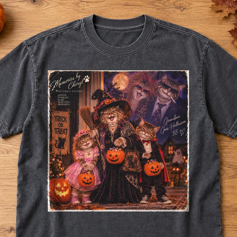 May include: A charcoal gray t-shirt featuring a graphic print of cats dressed in Halloween costumes. The design includes text reading Memories by Cheryl, Portrait Studio, Trick or Treat, and Grandma Goes Halloween '88 with a heart symbol.