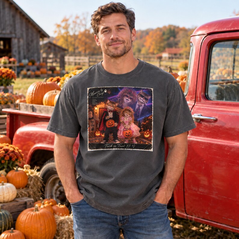 May include: A charcoal grey short-sleeve t-shirt featuring a graphic print of cats dressed in Halloween costumes. The design includes the text Memories by Cheryl and Trick or Treat 83 with illustrations of cats holding jack-o'-lantern buckets.