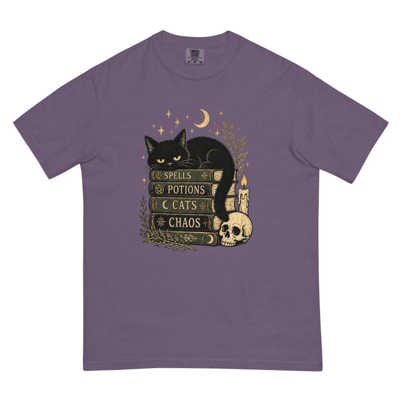 Spells Potions Cats Chaos Shirt, Witchy Black Cat T-Shirt, Gothic Halloween Tee, Cat Lover Witch Shirt, Spooky Season Gift