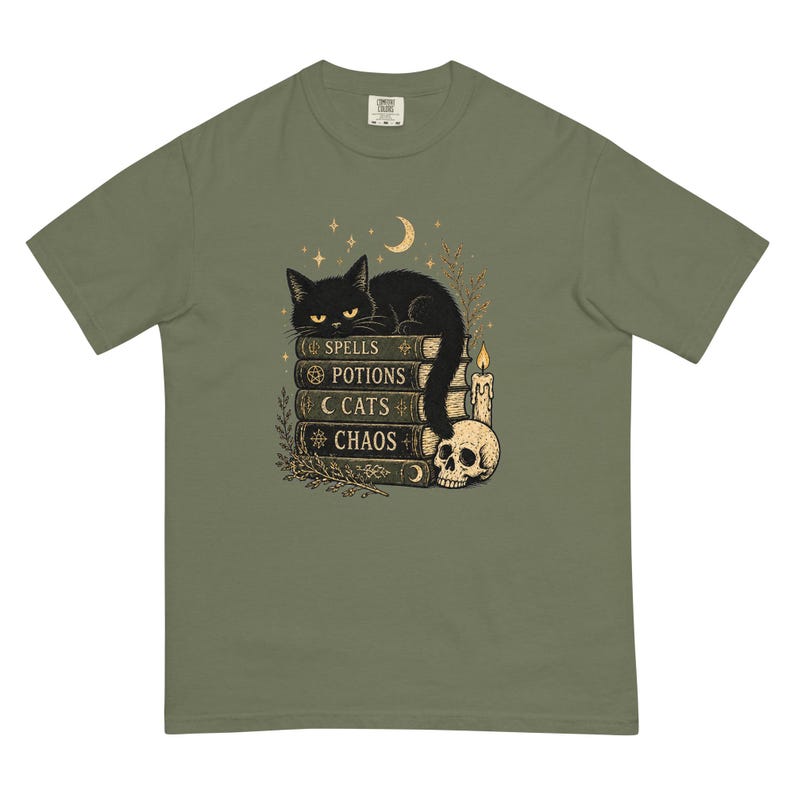 Spells Potions Cats Chaos Shirt, Witchy Black Cat T-Shirt, Gothic Halloween Tee, Cat Lover Witch Shirt, Spooky Season Gift