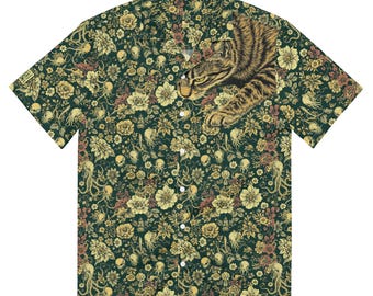 Camicia con bottoni e stampa floreale gotica a tema gatto: stampa oversize su tutta la superficie.