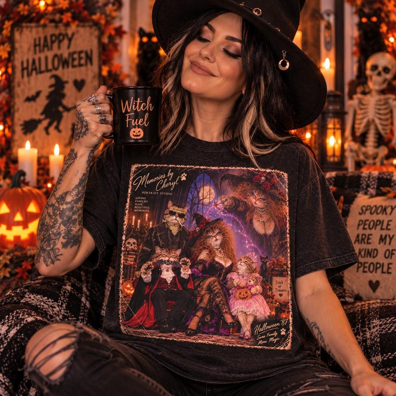 Pu&ograve; includere: Una t-shirt nera con una stampa grafica di una famiglia di gatti vestiti con costumi di Halloween. Il testo sulla maglietta recita Memories by Cheryl, Portrait Studio, Loving Families Make Beautiful Memories, Trick or Trauma e Halloween 87.