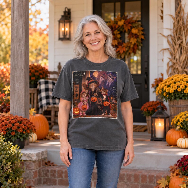 May include: A charcoal gray short-sleeve t-shirt featuring a graphic print of cats dressed in Halloween costumes, including a witch and a vampire, holding jack-o'-lanterns. The print includes the text "Trick or Treat" and "Memories by Cheryl".