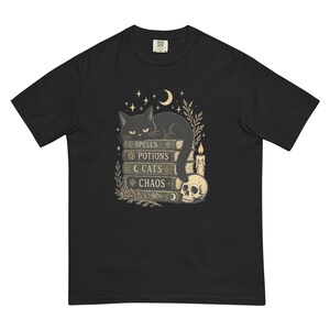 Spells Potions Cats Chaos Shirt, Witchy Black Cat T-Shirt, Gothic Halloween Tee, Cat Lover Witch Shirt, Spooky Season Gift