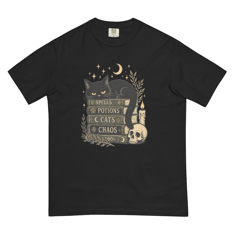 Spells Potions Cats Chaos Shirt, Witchy Black Cat T-Shirt, Gothic Halloween Tee, Cat Lover Witch Shirt, Spooky Season Gift