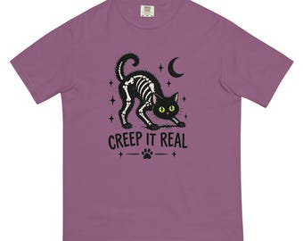 Creep It Real Black Cat Shirt, Skeleton Cat Halloween T-Shirt, Spooky Cat Tee, Gothic Cat Lover Shirt, Halloween Gift