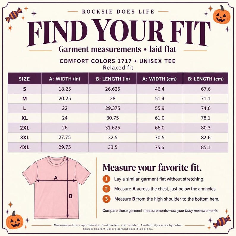 Pu&ograve; includere: Una tabella delle taglie per una t-shirt unisex Comfort Colors 1717 intitolata Find Your Fit. Mostra una tabella con le misure di larghezza e lunghezza in pollici e centimetri per le taglie dalla S alla 4XL, con un diagramma di una t-shirt rosa.