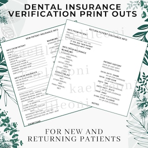 Paquete de formularios de verificación de seguro dental, admisión de pacientes nuevos, historial de pacientes que regresan, plantillas para consultorios dentales, lista de verificación de facturación, códigos CDT