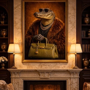 May include: A framed portrait of an alligator wearing sunglasses, a gold chain, and a fur coat, holding a green handbag. The artwork hangs above a fireplace, with lamps on either side.