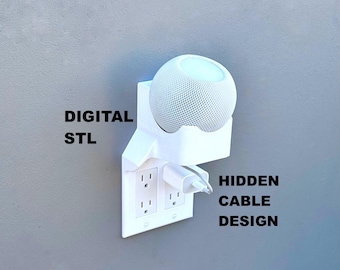 Soporte de pared para HomePod Mini (archivo STL) / Enchufe Decora de 2 tomas / Gestión de cables oculta (descarga digital)