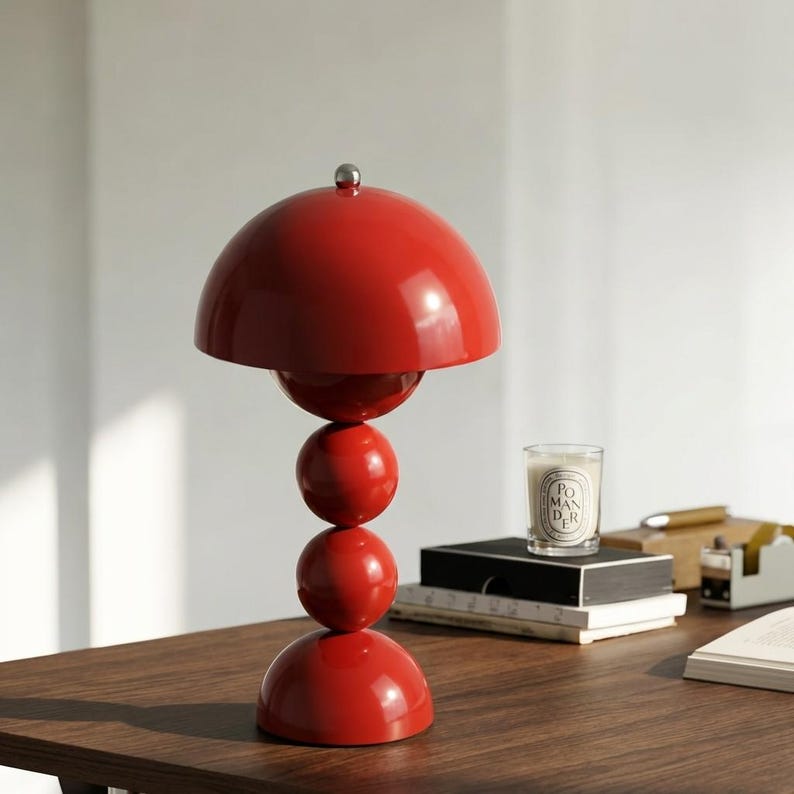 May include: A red table lamp with a unique design. The lamp features a rounded base, three stacked spheres, and a dome-shaped top. A small silver ball sits atop the dome. The lamp is on a wooden table.
