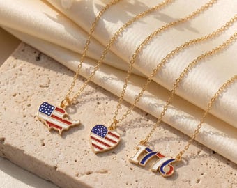 アメリカ国旗チャームネックレス、14Kゴールドチャームネックレス 