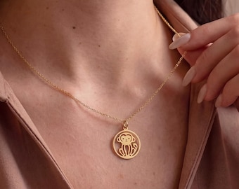 Gold Monkey Coin Pendant Necklace, Cute Monkey Disc Medallion Necklace, Zoo Animal Necklace, Ape Necklace, Jungle Jewelry, Monkey Lover Gift