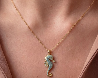Turquoise Pave Seahorse Pendant Necklace, Gold Seahorse Necklace, Mermaid Necklace, Summer Necklace, Beach Jewelry, Ocean Lover Gift for her