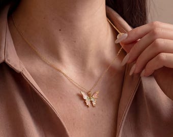 Dainty Gold Enamel Butterfly Pendant Necklace, Monarch Butterfly Necklace, Mariposa Necklace, Cute Necklace, Mothers Day Gift, Gift for her